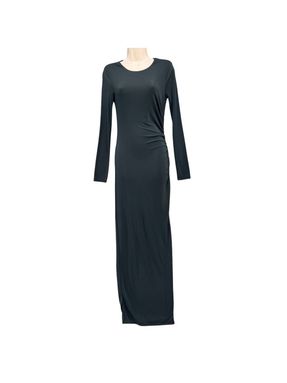 H:ours Maxi Dress Dark Green Long Sleeve Jersey Stretch Side Ruched Size XS